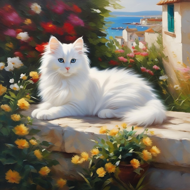 White fluffy cat in a sea town