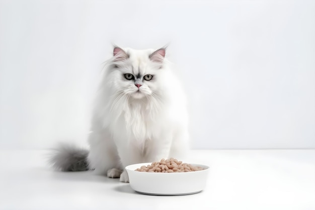 White fluffy cat sitting near the bowl of pet food Generative AI