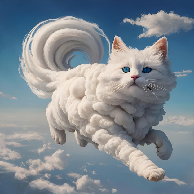 a white fluffy cat with blue eyes and a fluffy tail with a white fluffy tail