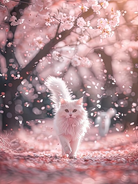 Photo a white fluffy cat with a fluffy tail stands in front of a cherry blossom tree