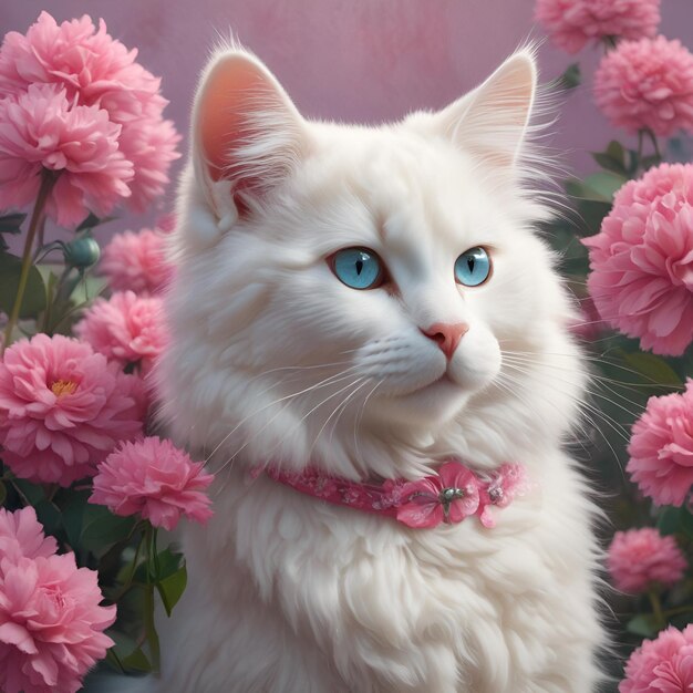 White fluffy cat with pink flowers