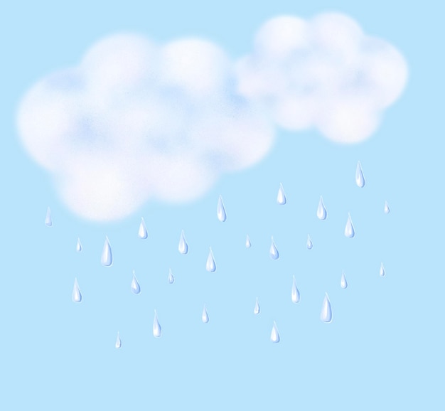 white fluffy cloud with raindrops on a blue sky background, children's illustration