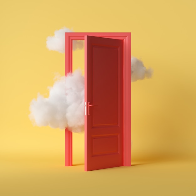 White fluffy clouds flies through open red door