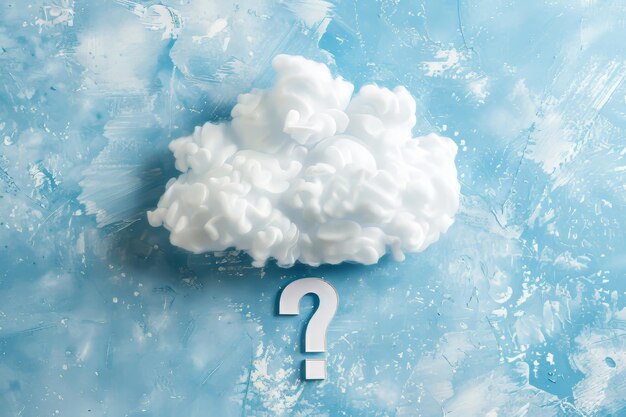 Photo white fluffy cotton wool cloud with question mark on blue textured background faq concept