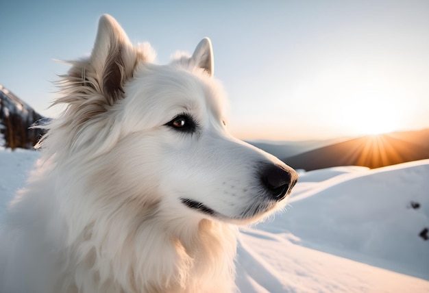 White fluffy cute dog on white snow in the mountains in winter