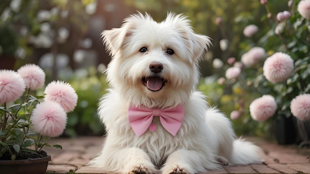 white fluffy dog with a pink bow sitting in a garden and watching in a camera