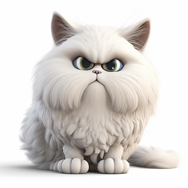 White fluffy Persian cat funny cute 3D illustration on white unusual avatar cheeful pet