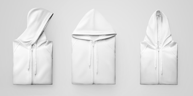 white folded hoodie with zipper closure drawstrings isolated on background Set