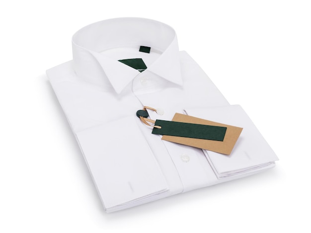 White folded mens shirt with long sleeves and stand collar isolated on white background