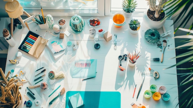 Photo white folding table set up for a crafting project with various supplies and tools neatly arranged showcasing creativity in action