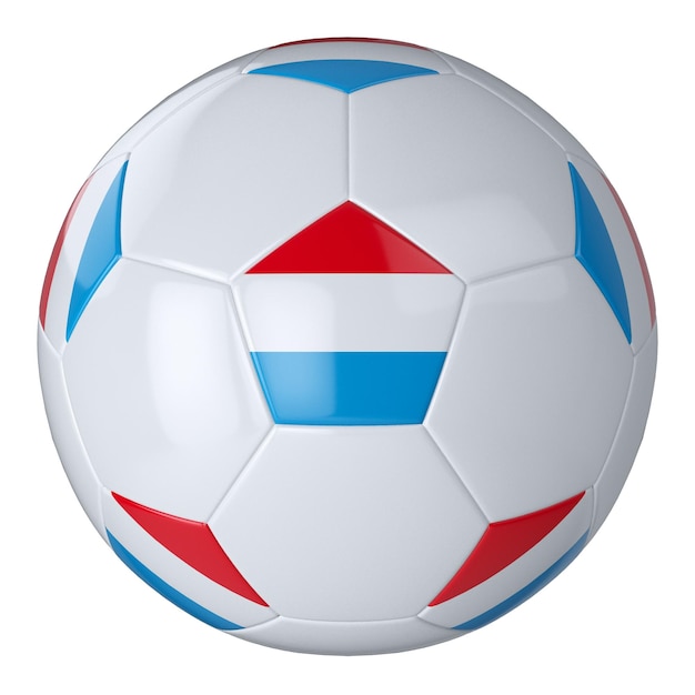 White football ball with flag of Luxembourg on a white background Isolated Leather soccer ball Classic white ball with patches Flags of countries 3D illustration