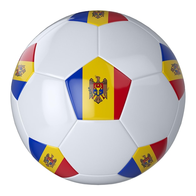 White football ball with flag of Moldova on a white background Isolated Leather soccer ball Classic white ball with patches Flags of countries 3D illustration