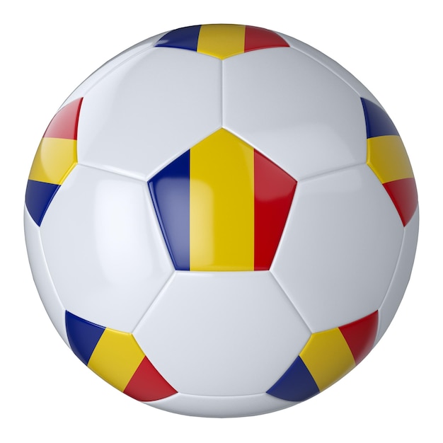 White football ball with flag of Romania on a white background Isolated Leather soccer ball Classic white ball with patches Flags of countries 3D illustration