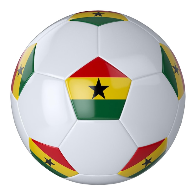 White football ball with Ghana flag on white background Isolated Leather soccer ball Classic white ball with patches Flags of countries 3D illustration