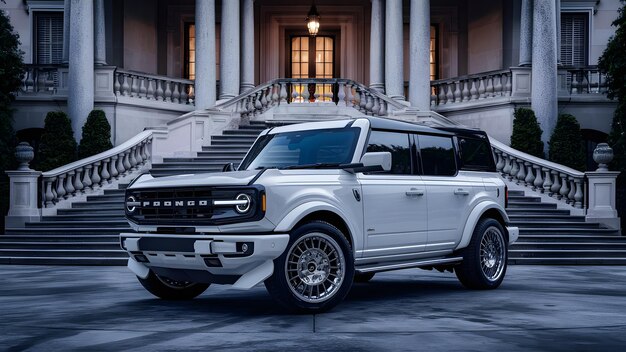 a white ford suv is parked in front of a building