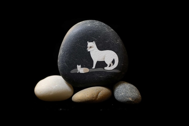 White fox figure on black background with pebbles and stones