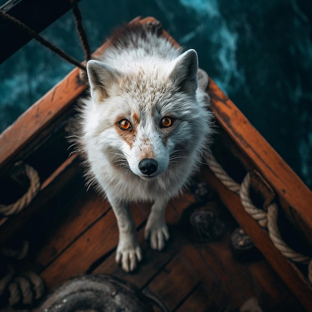 A white fox sits in a boat looking at the camera.