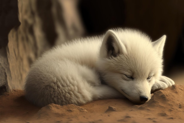 A white fox sleeps on a sand surface.