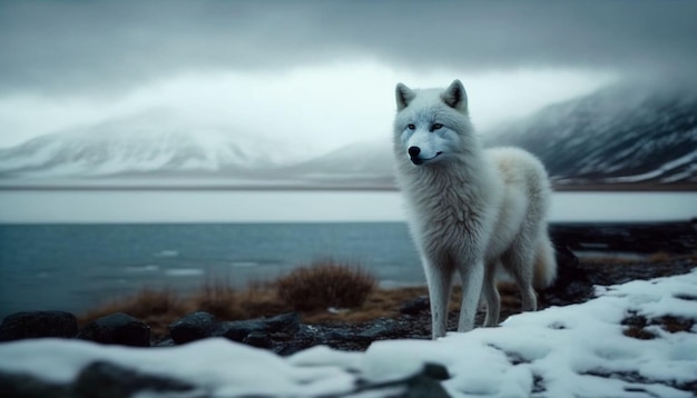 A white fox stands in the snow in front of a lake.