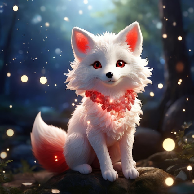 a white fox with a red collar sits on a rock in the woods