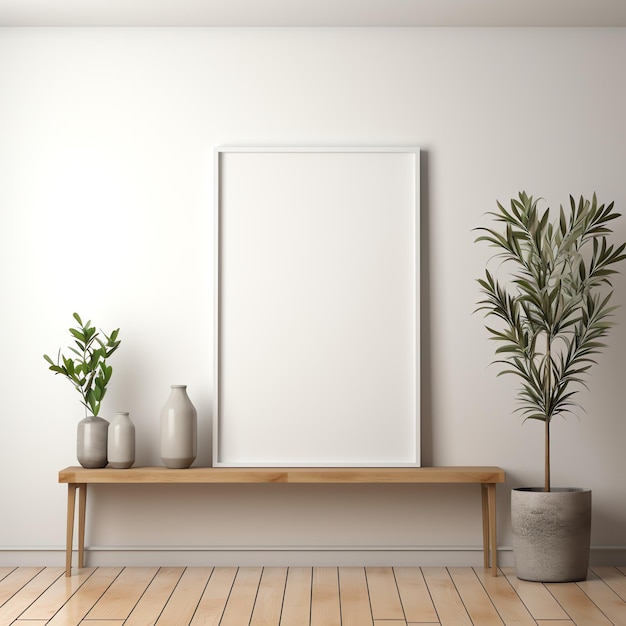 A white frame on a bench with vases and plants on it