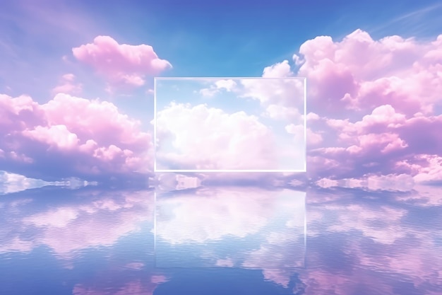 White frame and Blue sky with clouds reflected in water Nature background