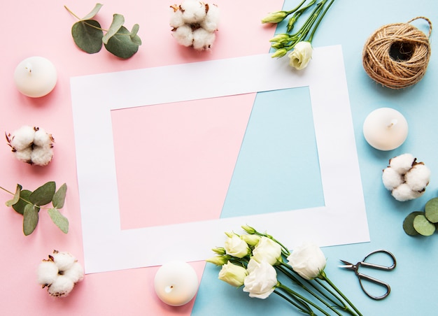 White frame and cotton flowers