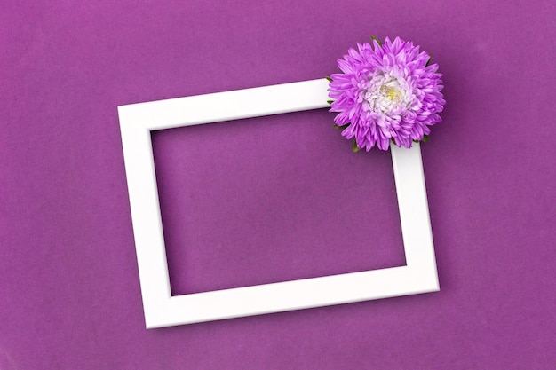 White frame decorated flower on purple background Copy space Mockup Top view Flat lay