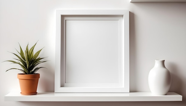 White frame leaning on white shelf in bright interior on empty wall background