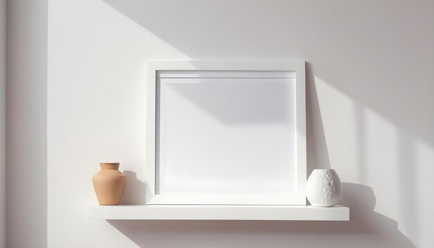 White frame leaning on white shelf in bright interior on empty wall background