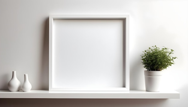 White frame leaning on white shelf in bright interior on empty wall background