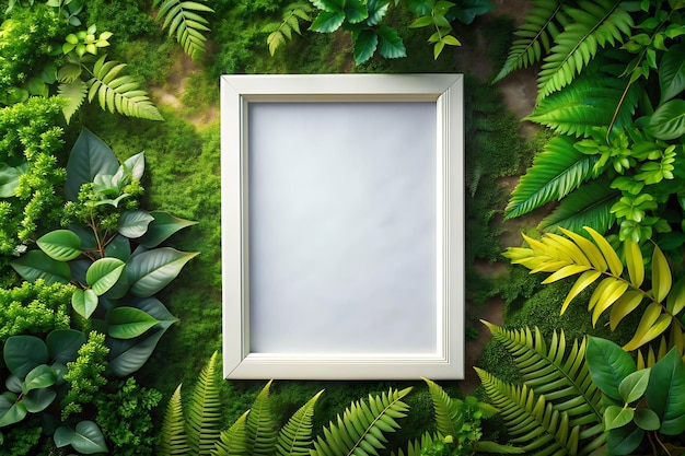 White frame mockup lush green leaf background