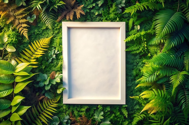 White frame mockup lush green leaf background