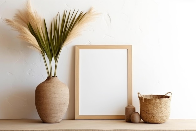 White frame mockup on the wall with wooden table and modern vase with dry herbs