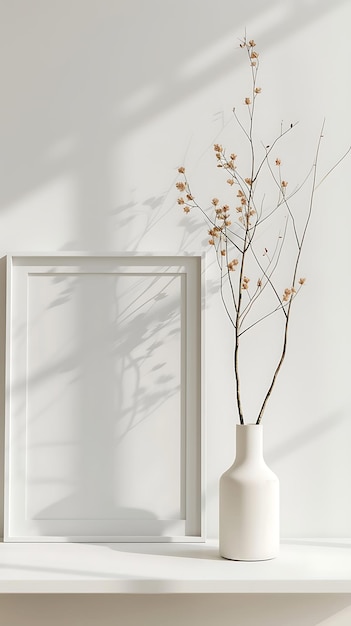 Photo white frame mockup with branches in vase on the white table