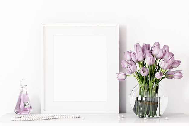 White frame mockup with lilac tulip perfume