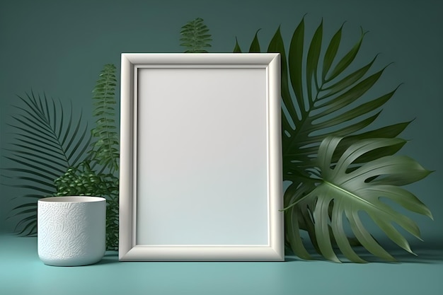 A white frame next to a plant with a white toilet roll on it.