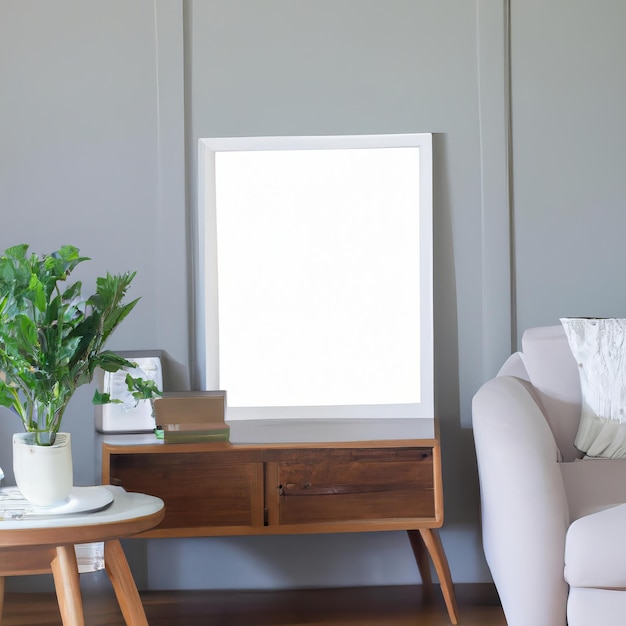 A white frame sits on a table next to a white framed picture.