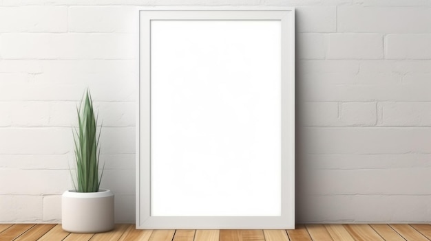 A white frame sitting on top of a wooden floor next to a potted plant