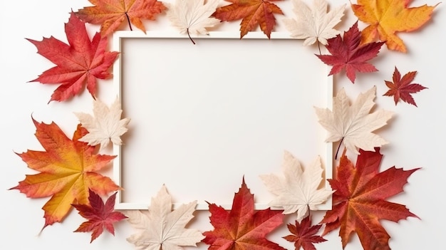 A white frame surrounded by autumn leaves generative ai image