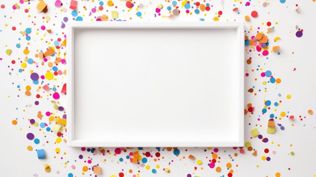 Photo white frame surrounded by confetti and sprinkles