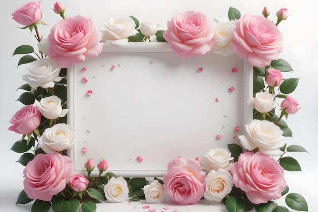 A white frame surrounded by pink and white roses