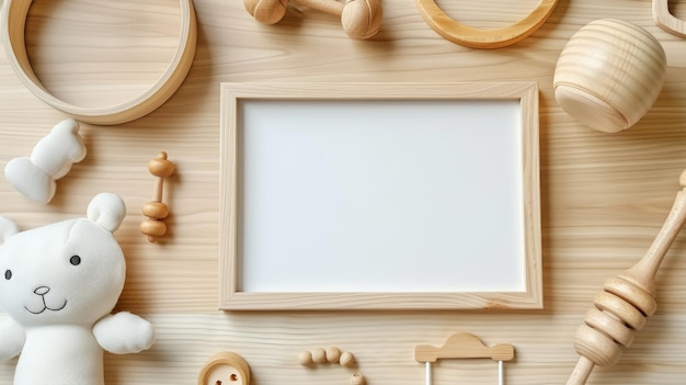 Photo a white frame surrounded by wooden baby toys on a wooden backgro