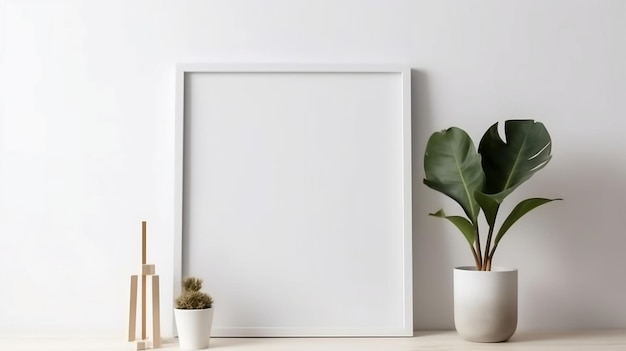 A white frame on a white wall with plants and a plant on it.