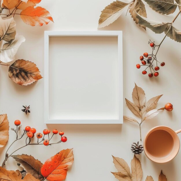 Photo white frame with autumnal decorations