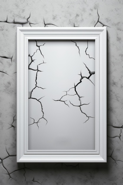 a white frame with a crack in it on the wall