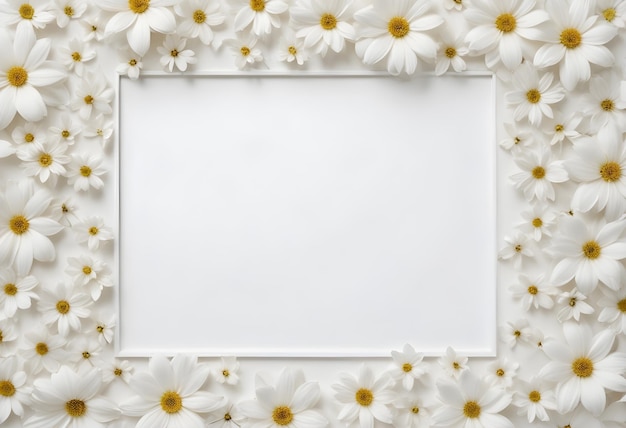 Photo white frame with daisies on the white background