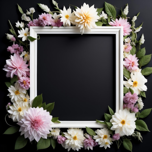 A white frame with pink and yellow flowers is surrounded by a white frame.