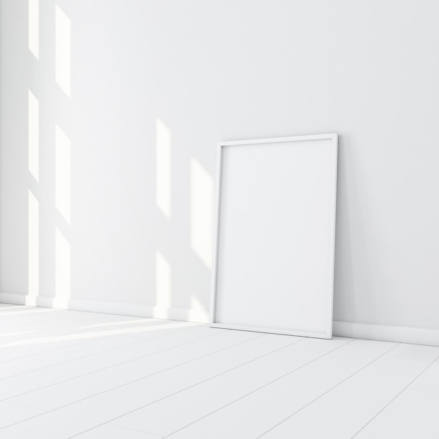 White Frame with Poster Mockup standing on the floor in empty room. 3d rendering