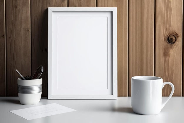 White frame on wooden wall background with glass and cup mockup